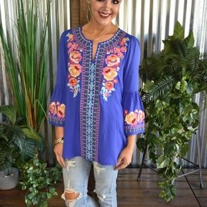 Blue Embroidered Bell Sleeve Top